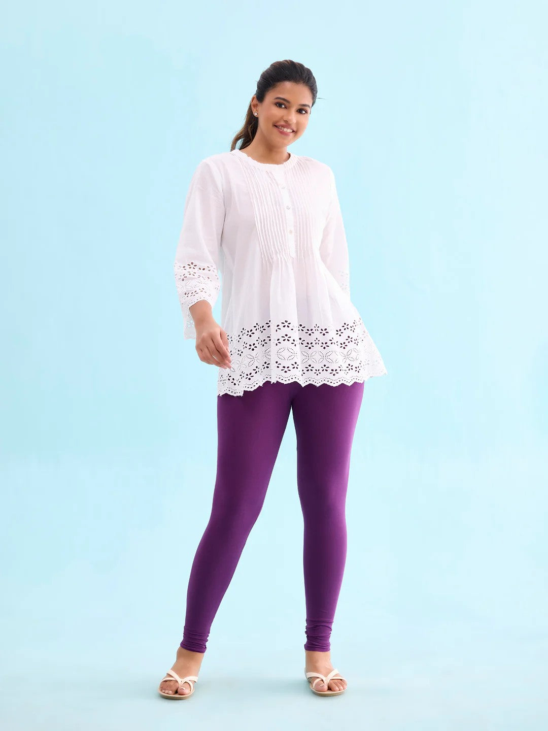 Purple - Cotton Stretch Ankle Length Leggings