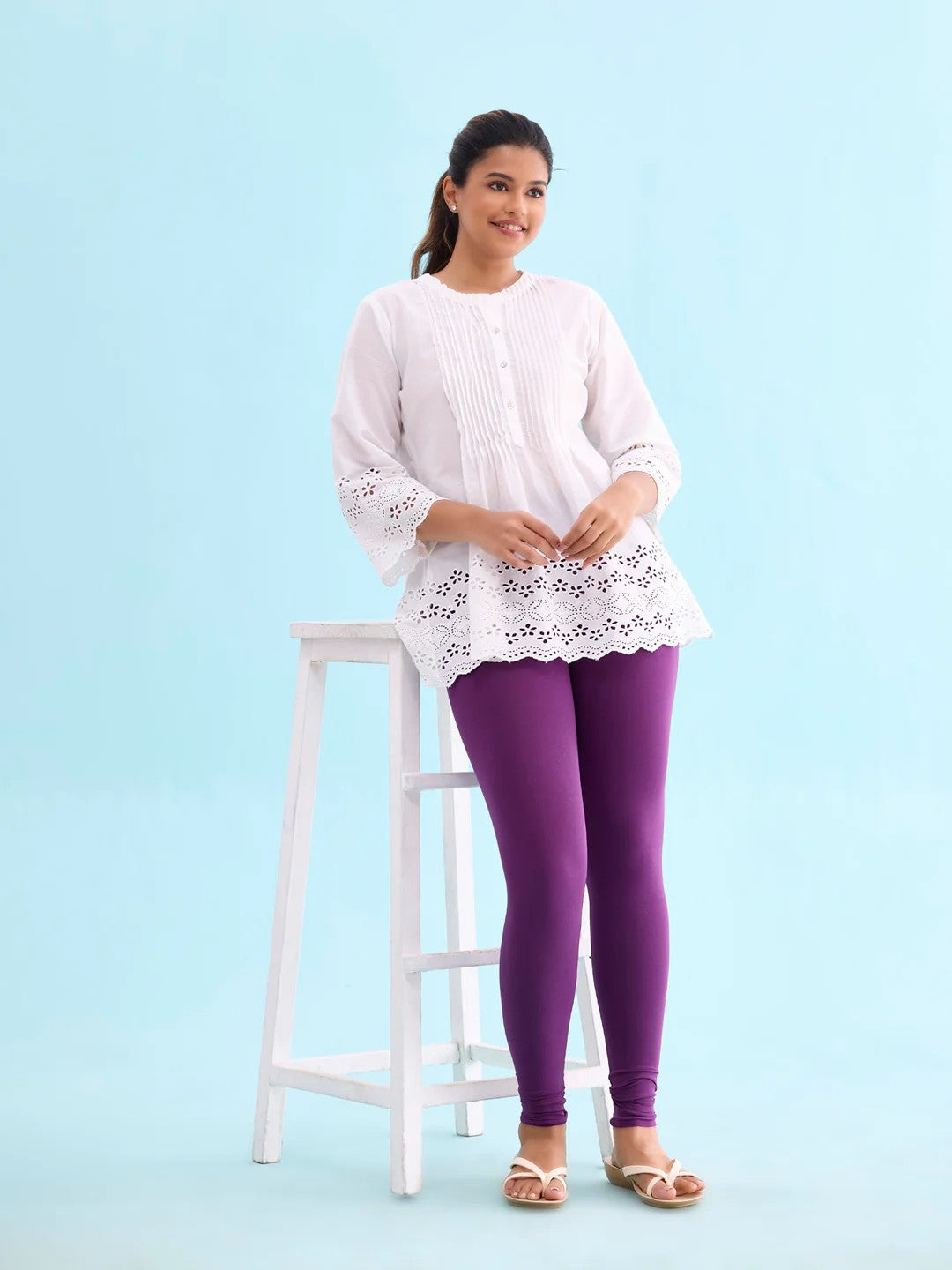 Purple - Cotton Stretch Ankle Length Leggings