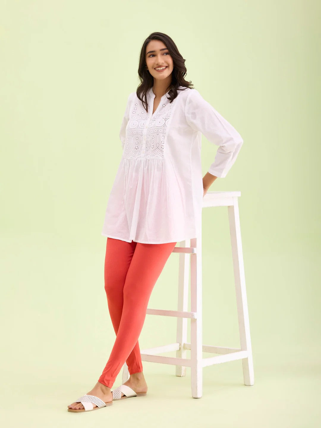 Tomato Red - Cotton Stretch Ankle Length Leggings